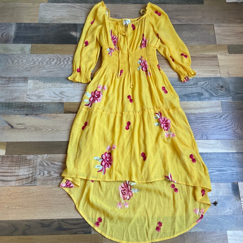 Fig and Flower Small Yellow Embroidered Floral High Low Maxi Dress Boho